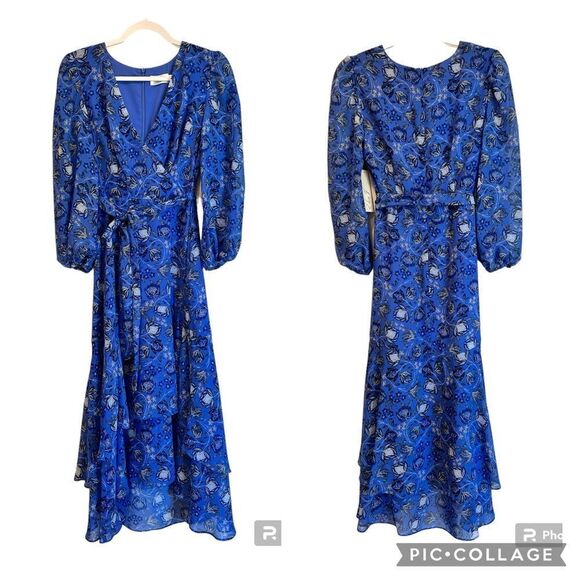 ELIZA J Floral Print Balloon Sleeve Ruffle Tiered Skirt Wrap Midi Dress - Picture 2 of 7